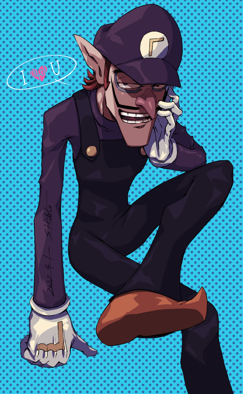 1boy, big_nose, blue_background, brown_footwear, brown_hair, chin, commentary_request, crossed_legs