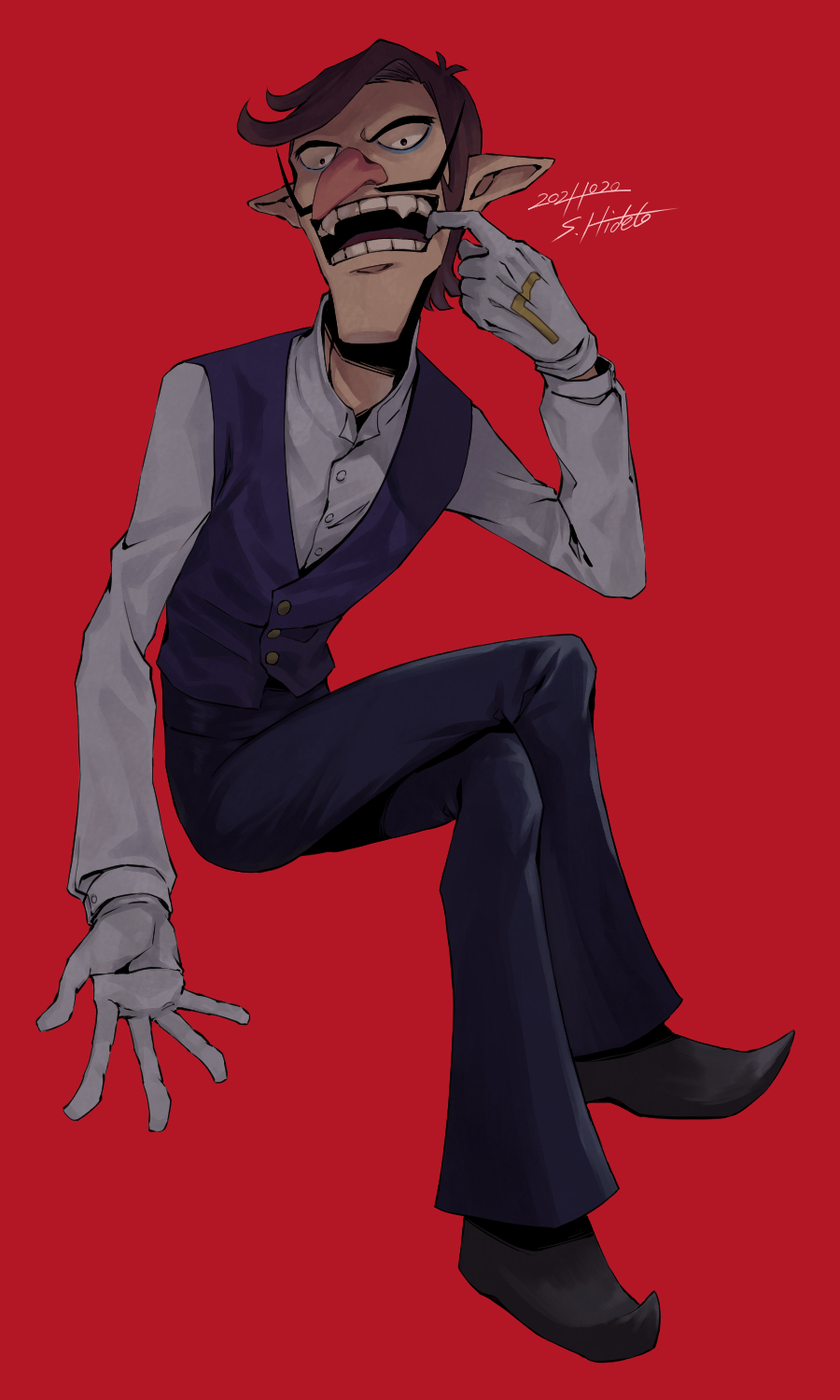 ._., 1boy, big_nose, blue_eyeliner, brown_footwear, brown_hair, chin, commentary_request