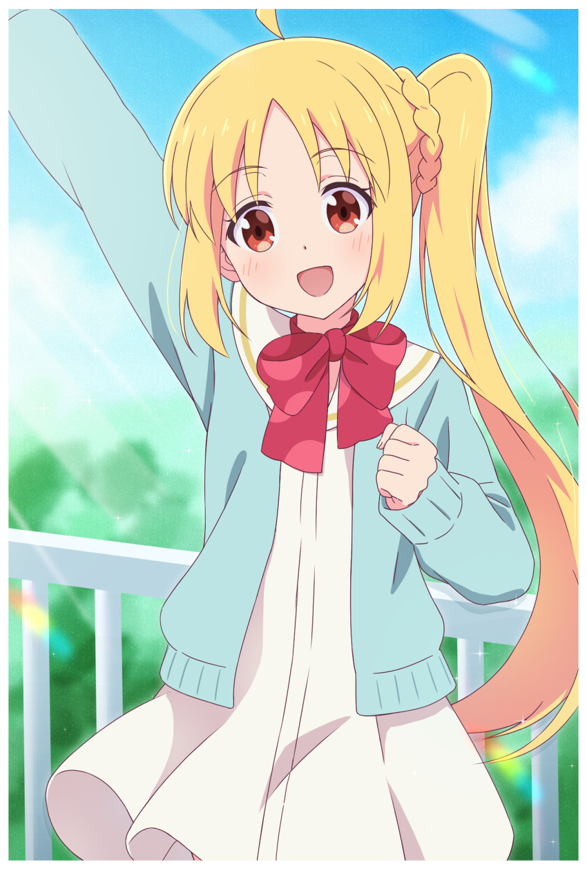 1girl, :d, arm_up, blonde_hair, blue_sky, blush, bocchi_the_rock!, bow