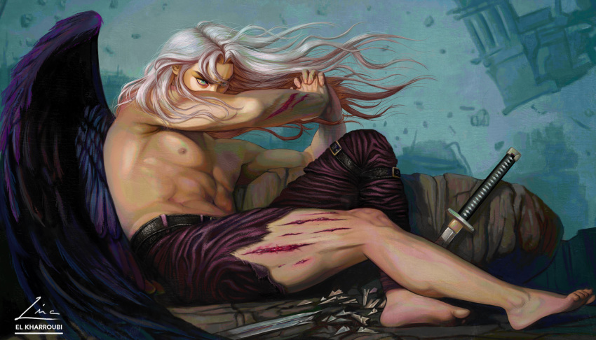 1boy, abs, absurdres, alexandre_cabanel, angel, angel_wings, animal_print, artist_name, barefoot, belt, black_belt, bleeding, blood, blue_background, blue_eyes, broken, broken_weapon, fallen_angel, fallen_angel_(painting), final_fantasy, final_fantasy_vii, fine_art_parody, from_side, full_body, furrowed_brow, highres, interlocked_fingers, linala, long_hair, looking_up, lying, male_focus, nipples, outdoors, parody, pectorals, rock, scratches, sephiroth, signature, sitting, solo, sword, thigh_strap, tiger_print, toes, topless_male, v-shaped_eyebrows, very_long_hair, weapon, white_hair, wings