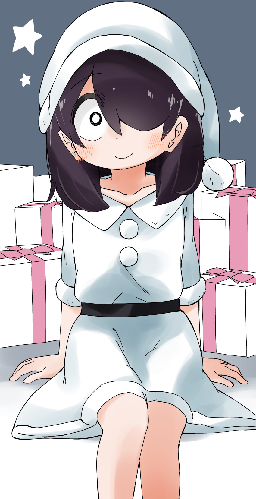 1girl, :>, absurdres, arm_support, belt, black_belt, black_hair, blush
