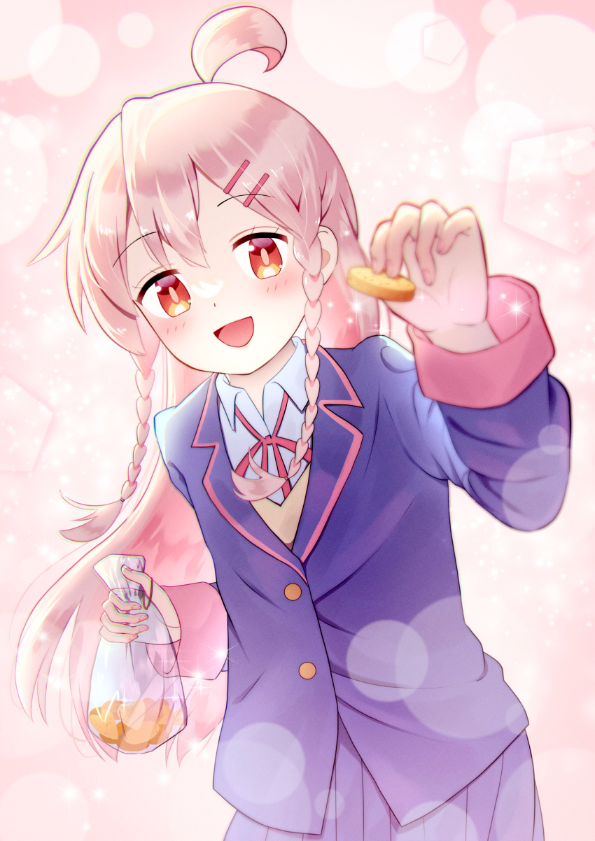 1girl, :d, ahoge, bag, black_skirt, braid, brown_eyes, commentary