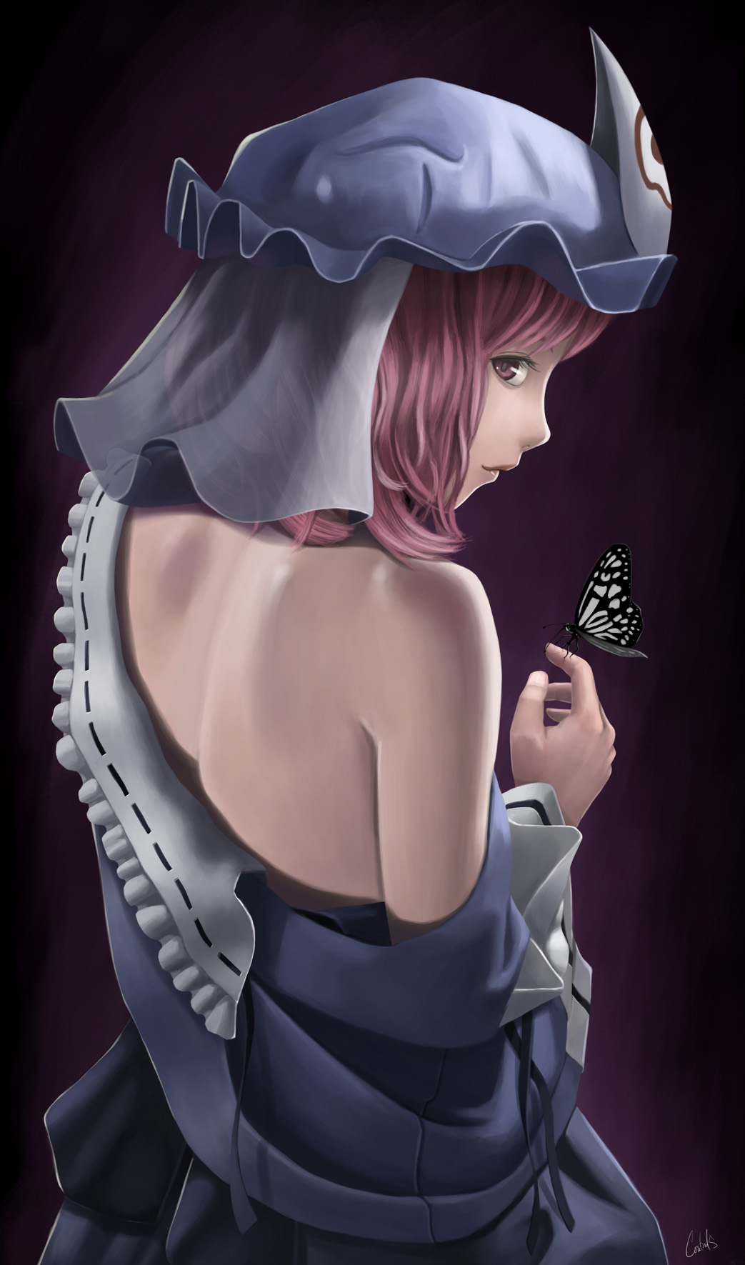back, bare_back, bare_shoulders, butterfly, butterfly_on_hand, control5, hands, hat, highres, light_smile, lips, looking_back, off_shoulder, pink_hair, purple_eyes, realistic, revision, saigyouji_yuyuko, short_hair, signature, solo, touhou, violet_eyes