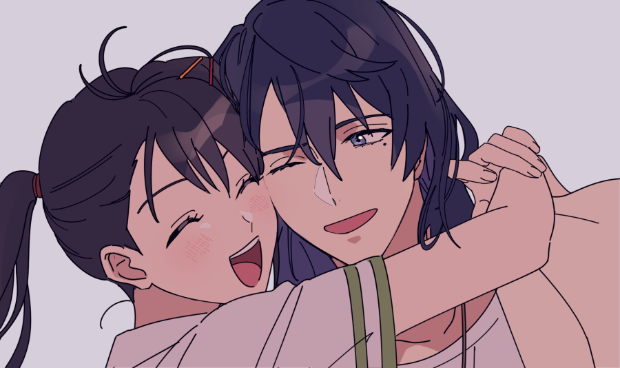 1boy, 1girl, black_hair, brown_hair, collared_shirt, facing_another, green_skirt, grey_background, iwato_suzume, medium_hair, mentary_request, mitsumi_(t0ee0yb), munakata_souta, neck_ribbon, open_mouth, pleated_skirt, ponytail, red_ribbon, ribbon, school_uniform, shirt, short_sleeves, skirt, smile, suzume_no_tojimari, white_shirt