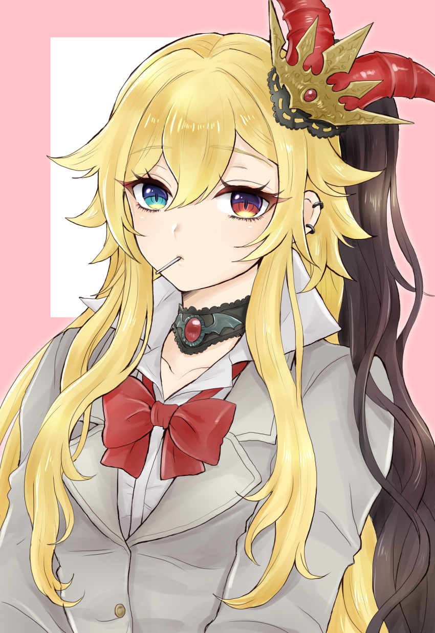 1girl, absurdres, bat_ornament, blonde_hair, bow, bowtie, brown_hair, choker