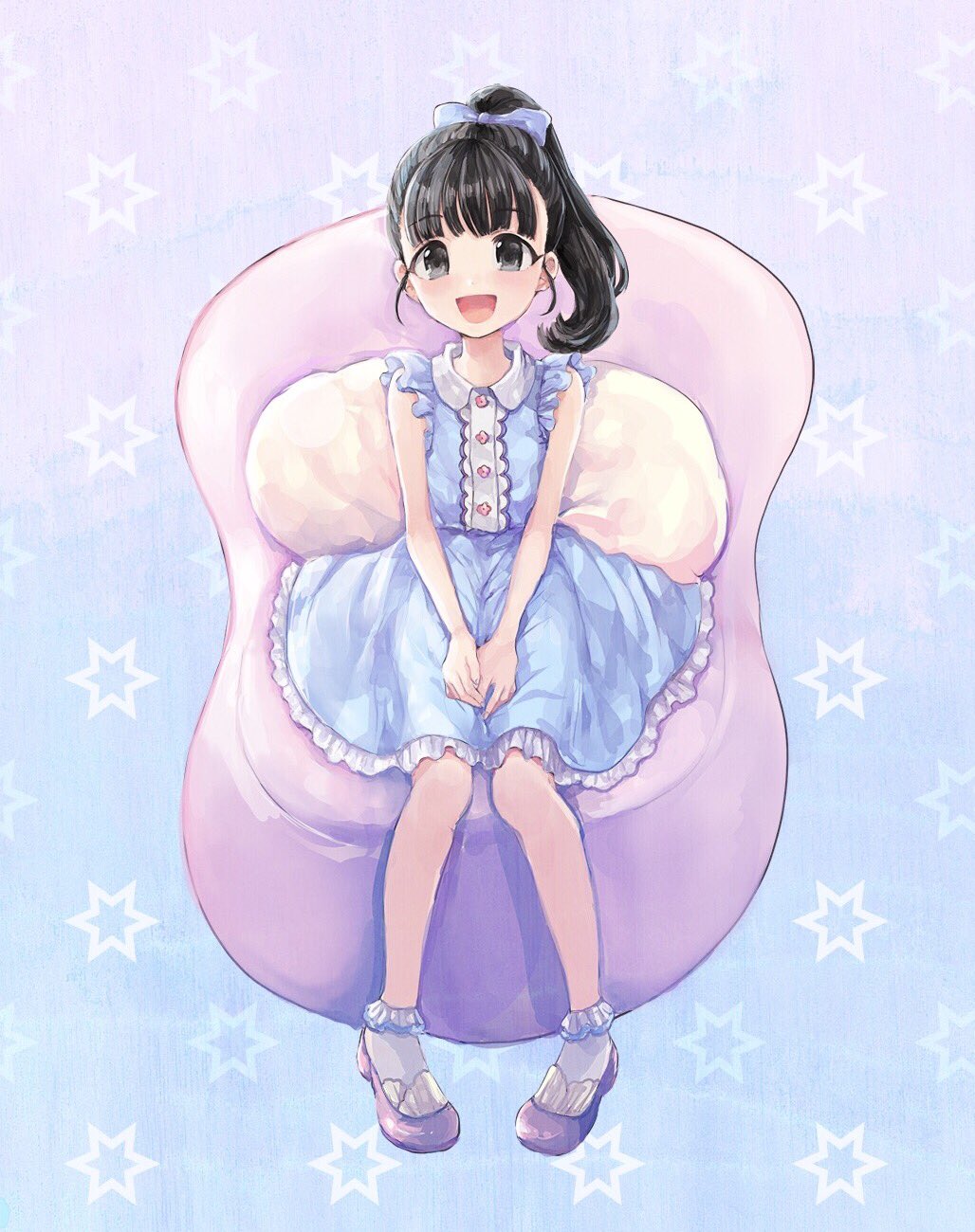 1girl, between_legs, black_eyes, black_hair, blue_background, blue_dress, blue_ribbon, blush, chair, comeco, cushion, dress, frilled_dress, frills, fukuyama_mai, gradient_background, hair_ribbon, hand_between_legs, highres, idolmaster, idolmaster_cinderella_girls, idolmaster_cinderella_girls_starlight_stage, idolmaster_cinderella_girls_u149, loafers, long_hair, looking_at_viewer, open_mouth, ponytail, ribbon, shoes, short_sleeves, sitting, smile, socks, solo, starry_background, white_socks
