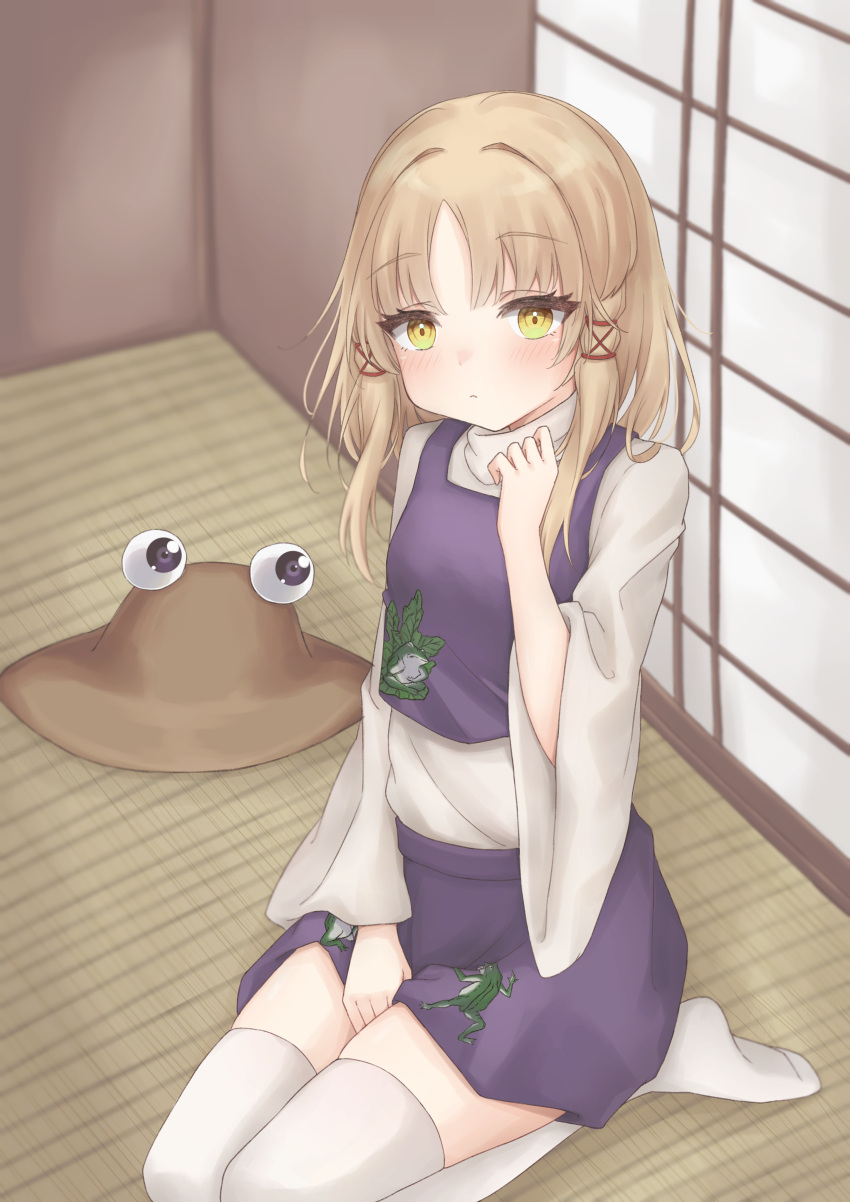 1girl, absurdres, blonde_hair, blush, breasts, closed_mouth, expressionless, from_above
