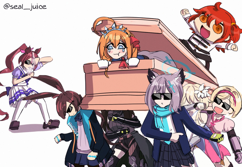 6+girls, ahoge, amiya_(arknights), arknights, blue_archive, coffin, crying, crying_with_eyes_open