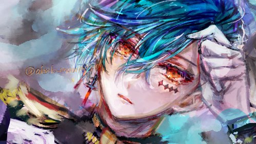 1boy, akuma_shitsuji_to_kuroi_neko, black_jacket, blue_hair, cross, cross_earrings, earrings, facial_mark
