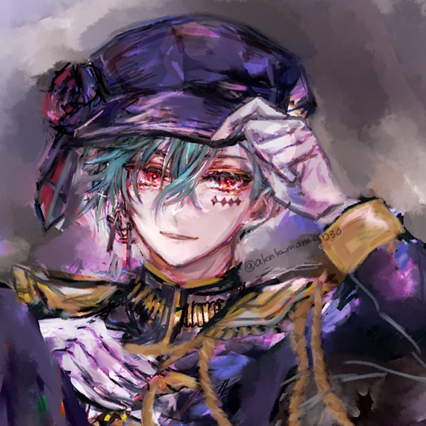 1boy, akuma_shitsuji_to_kuroi_neko, black_headwear, black_jacket, cross, cross_earrings, earrings, epaulettes