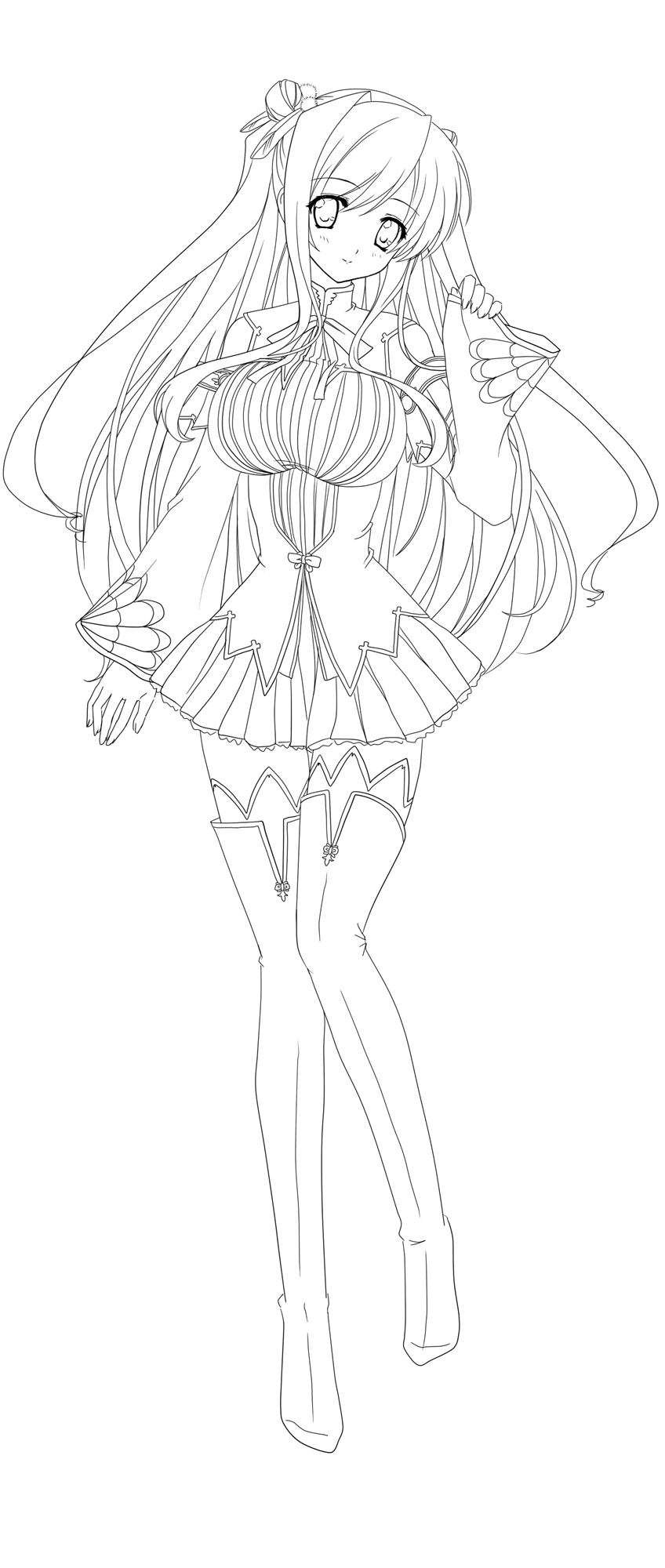 highres, koihime_musou, large_breasts, lineart, long_hair, monochrome, ryuubi, sakusaku_(neki)