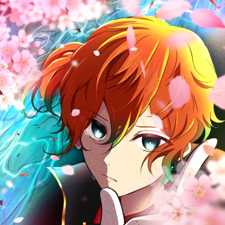1boy, akuma_shitsuji_to_kuroi_neko, androgynous, aqua_eyes, black_jacket, cherry_blossoms, closed_mouth, gloves, green_hair, jacket, looking_at_viewer, looking_up, male_focus, mamenonchi8, multicolored_hair, orange_hair, red_shirt, shirt, side_ponytail, solo, teddy_brown, white_gloves