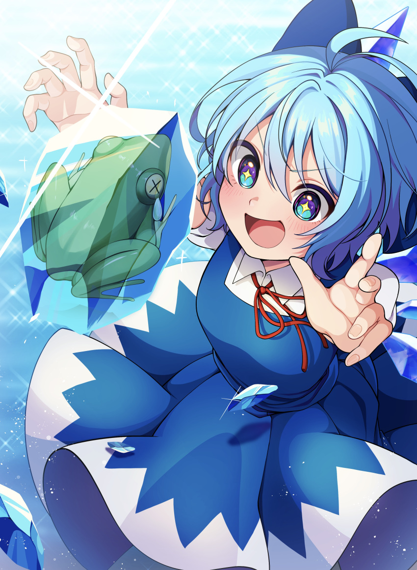 +_+, 1girl, absurdres, ahoge, animal, blue_bow, blue_dress, blue_eyes