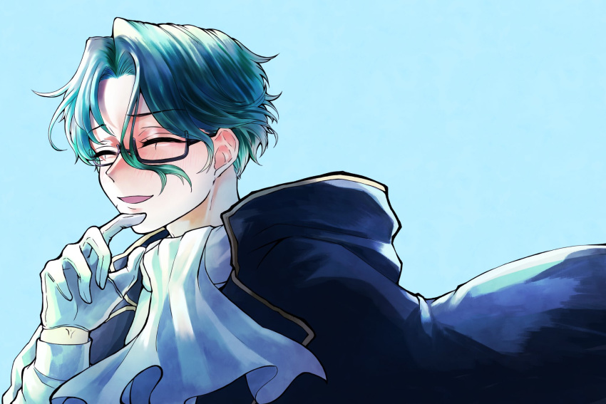 1boy, akuma_shitsuji_to_kuroi_neko, ascot, black_cape, blush, cape, closed_eyes, facing_to_the_side, finger_to_own_chin, glasses, gloves, green_background, green_hair, highres, kochi_b178, long_sleeves, male_focus, mole, mole_under_eye, nac_stein, open_mouth, shirt, short_hair, smile, solo, wavy_hair, white_gloves, white_shirt