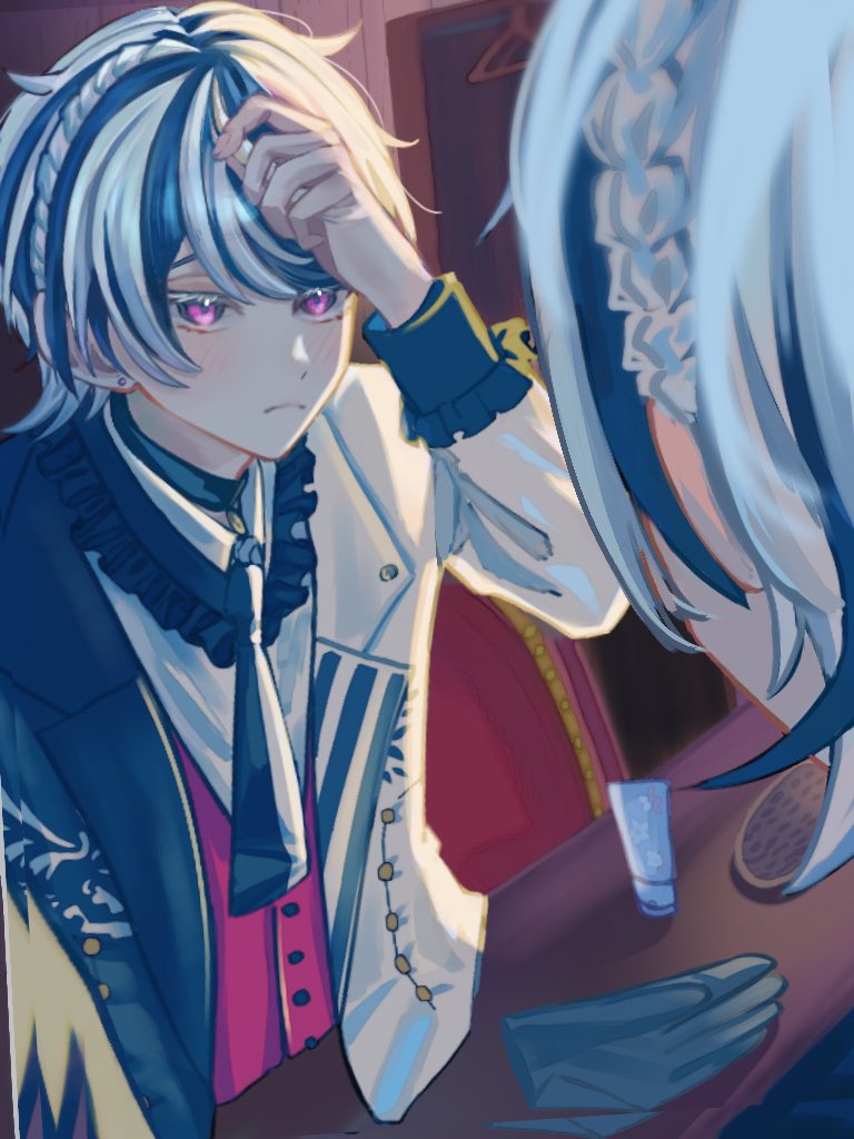 1boy, akuma_shitsuji_to_kuroi_neko, berrien_cliane, black_hair, black_jacket, black_necktie, braid, closed_mouth, formal, jacket, long_sleeves, looking_at_mirror, male_focus, mirror, multicolored_clothes, multicolored_hair, multicolored_jacket, necktie, red_vest, reflection, shirt, short_hair, solo, togepi_ryo, vest, violet_eyes, white_hair, white_shirt