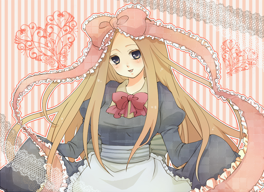 belarus_(hetalia), blush, brown_hair, long_hair, ribbon, smile, solo, tamura_(yorlmlchl), very_long_hair