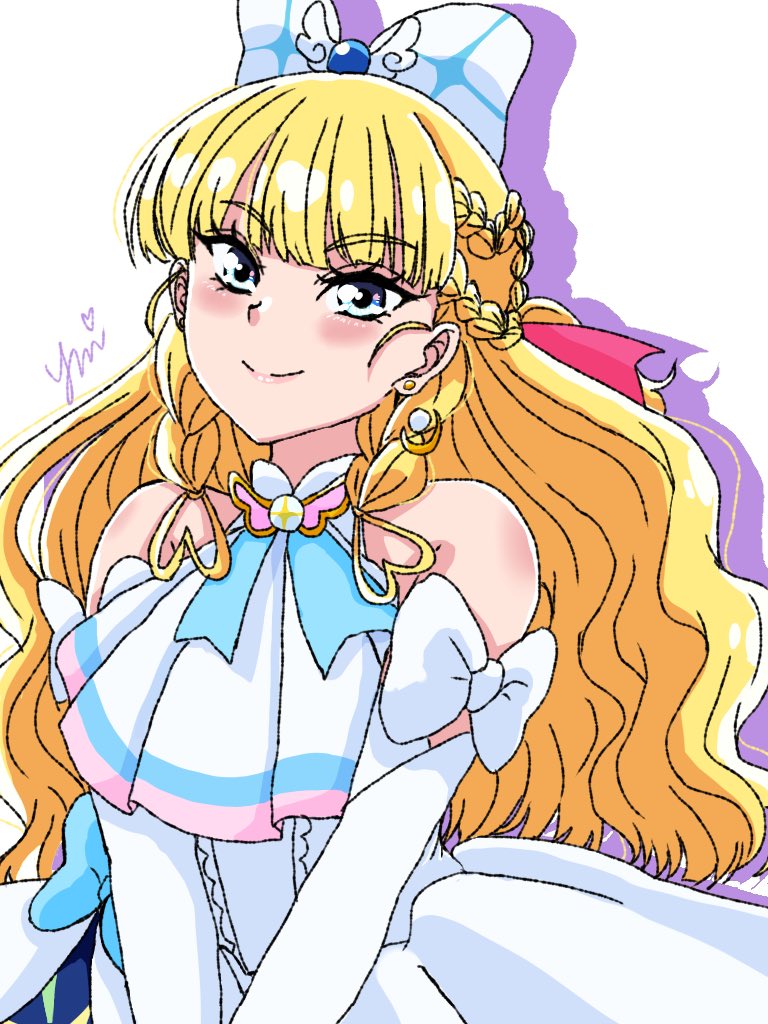 1girl, ascot, blonde_hair, blue_eyes, blush, bow, cosplay, cure_finale, cure_prism, cure_prism_(cosplay), delicious_party_precure, dress, earrings, elbow_gloves, glove_bow, gloves, hirogaru_sky!_precure, jewelry, kasai_amane, long_hair, looking_at_viewer, magical_girl, precure, smile, solo, upper_body, white_ascot, white_background, white_dress, white_gloves, wing_hair_ornament, yui_u86