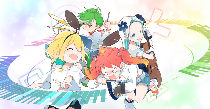 1boy, 1girl, 3girls, :d, ^_^, amano_pikamee, bell, belt