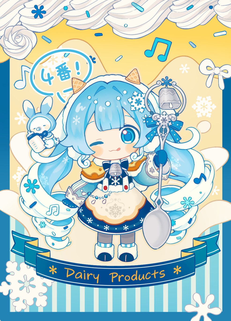 1girl, :3, :q, animal, baby_bottle, beamed_eighth_notes, bell, blue_background, blue_bow, blue_dress, blue_eyes, blue_hair, blue_hood, blue_mittens, blue_ribbon, blush_stickers, bottle, bow, capelet, cheese, closed_eyes, commentary, cowbell, dress, eighth_note, english_text, fake_horns, food, fur-trimmed_footwear, hair_ornament, hatsune_miku, highres, holding, holding_bottle, holding_spoon, horns, ice_cream, ice_cream_cone, inomo_(qimoshu), long_hair, milk_bottle, musical_note, musical_note_hair_ornament, one_eye_closed, oversized_object, pacifier, rabbit, rabbit_yukine, ribbon, skirt, smile, snowflake_hair_ornament, solo, speech_bubble, spoon, sprinkles, striped, striped_background, striped_bow, suspender_skirt, suspenders, swiss_cheese, tongue, tongue_out, twintails, two-tone_background, very_long_hair, vocaloid, waffle_cone, wavy_hair, white_hair, white_headdress, yellow_background, yellow_capelet, yuki_miku
