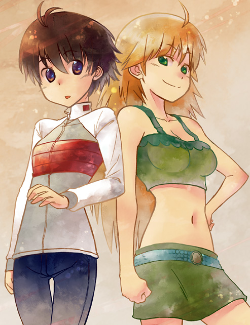 black_hair, blonde_hair, blue_eyes, casual, green_eyes, hoshi_sukii, hoshii_miki, idolmaster, jacket, jeans, kikuchi_makoto, long_hair, midriff, multiple_girls, raglan_sleeves, short_hair