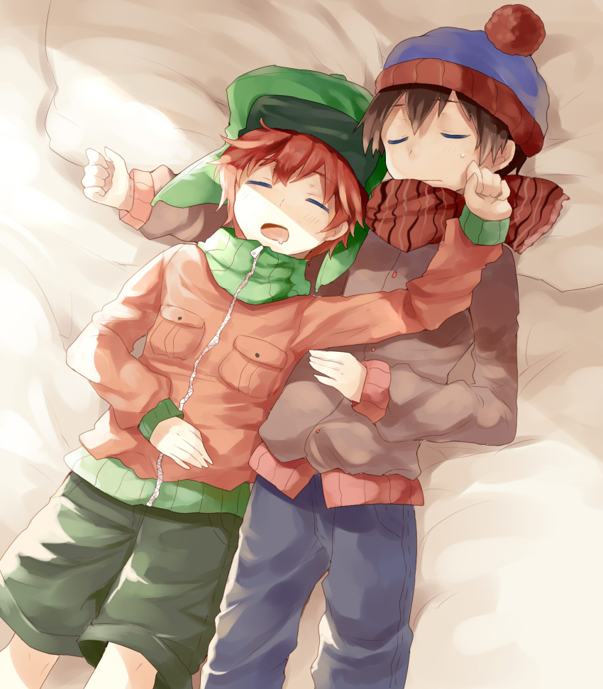 2boys, animification, beanie, black_hair, closed_eyes, coat, commentary_request, couple