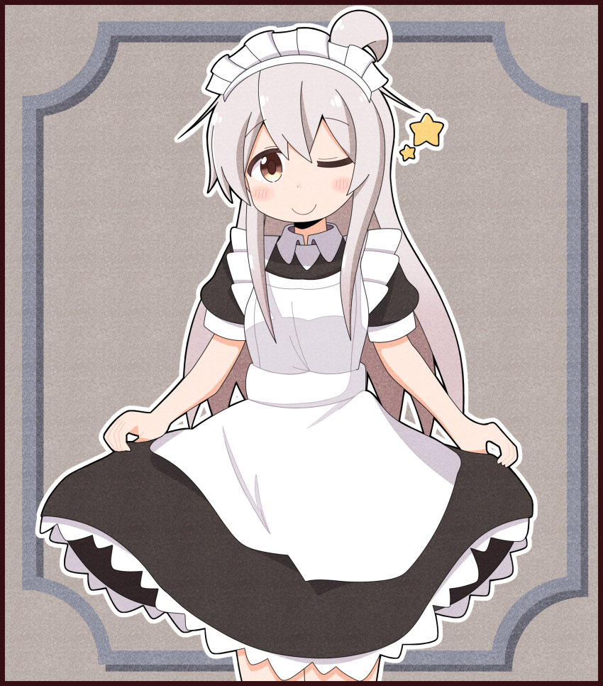 1girl, ;), absurdres, ahoge, border, brown_eyes, commentary_request, cowboy_shot