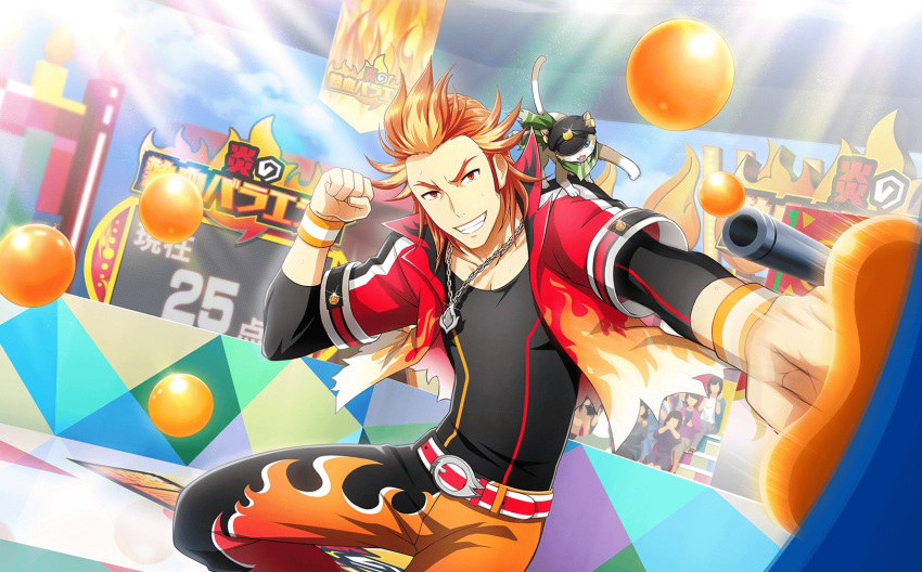 1boy, akai_suzaku, belt, cat, crowd, fingernails, flame_print, highres