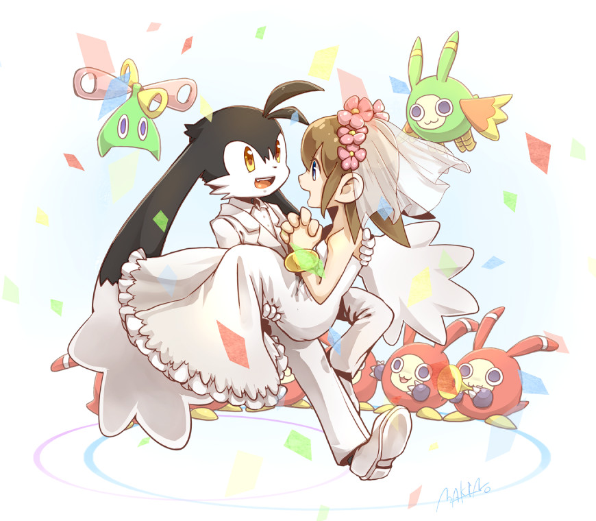 1boy, 1girl, blue_eyes, bridal_veil, couple, dress, furry, furry_female