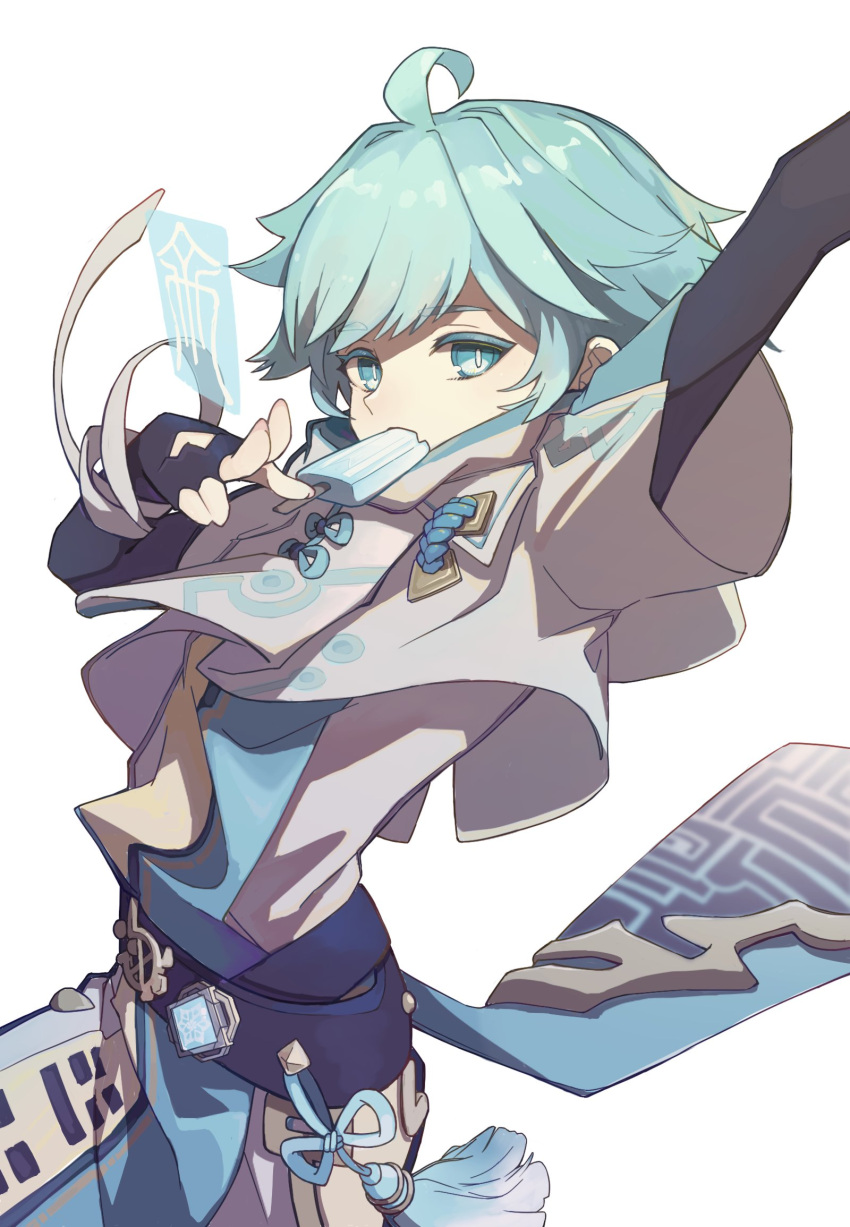 1boy, ahoge, blue_eyes, blue_hair, chinese_clothes, chongyun_(genshin_impact), commentary, cowboy_shot