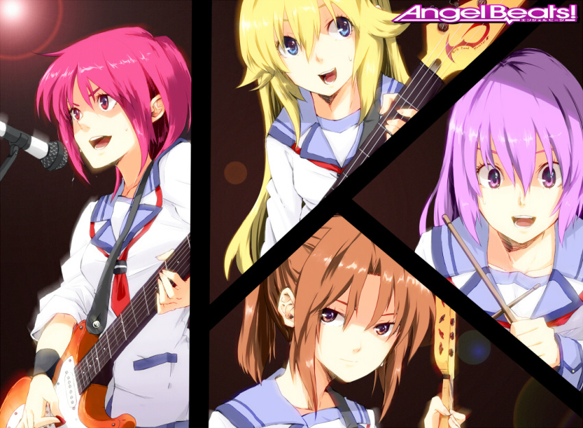 band, blonde_hair, blue_eyes, brown_eyes, brown_hair, drumsticks, girls_dead_monster, guitar