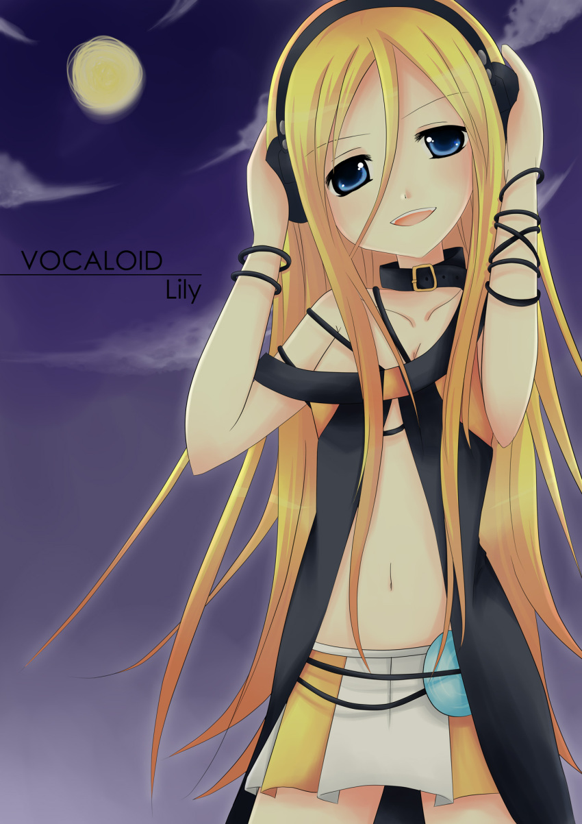 blue_eyes, cable, collar, flapper_shirt, hands_on_headphones, headphones, headset, highres, katsuki_neko, lily_(vocaloid), long_hair, midriff, miniskirt, navel, open_mouth, skirt, smile, solo, vocaloid