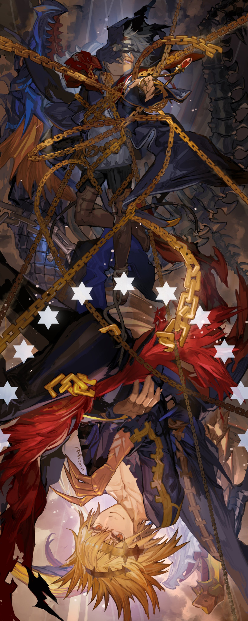 2boys, absurdres, black_coat, black_pants, blonde_hair, boots, brown_eyes, caim_(granblue_fantasy), chain, chained, coat, crown_of_thorns, granblue_fantasy, highres, holding, holding_jewelry, holding_necklace, hood, hood_up, hooded_coat, jewelry, long_coat, male_child, male_focus, multiple_boys, necklace, open_clothes, pants, shirt, short_hair, star_(symbol), the_hanged_man_(granblue_fantasy), toujou_bun, white_hair, white_shirt