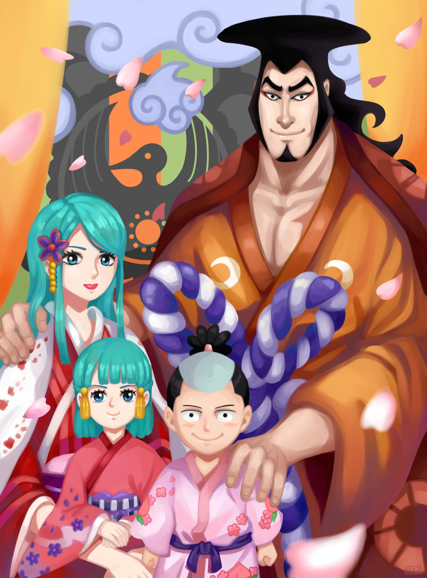 2boys, 2girls, absurdres, aqua_hair, black_hair, closed_mouth, family, father_and_daughter, father_and_son, green_hair, high_ponytail, highres, japanese_clothes, kouzuki_hiyori, kouzuki_oden, kouzuki_toki, long_hair, looking_at_viewer, mazarin, momonosuke_(one_piece), mother_and_daughter, mother_and_son, multiple_boys, multiple_girls, one_piece, ponytail, portrait, smile