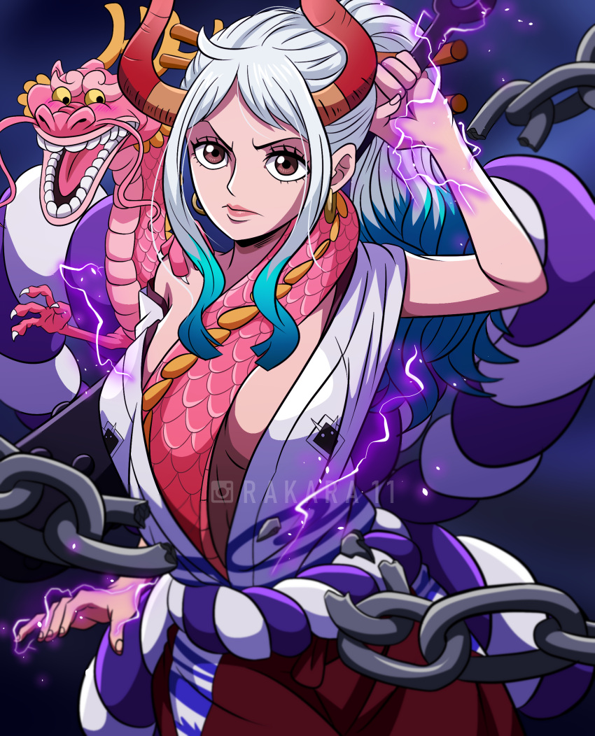 1boy, 1girl, absurdres, artist_name, breasts, closed_mouth, club_(weapon), dragon, earrings, highres, horns, jewelry, kanabou, long_hair, momonosuke_(one_piece), multicolored_hair, one_piece, oni, oni_horns, open_mouth, rakkarts, smile, weapon, yamato_(one_piece)