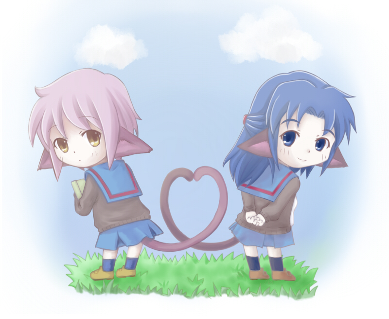 animal_ears, asakura_ryouko, blue_eyes, blue_hair, brown_eyes, cat_ears, cat_tail, chibi