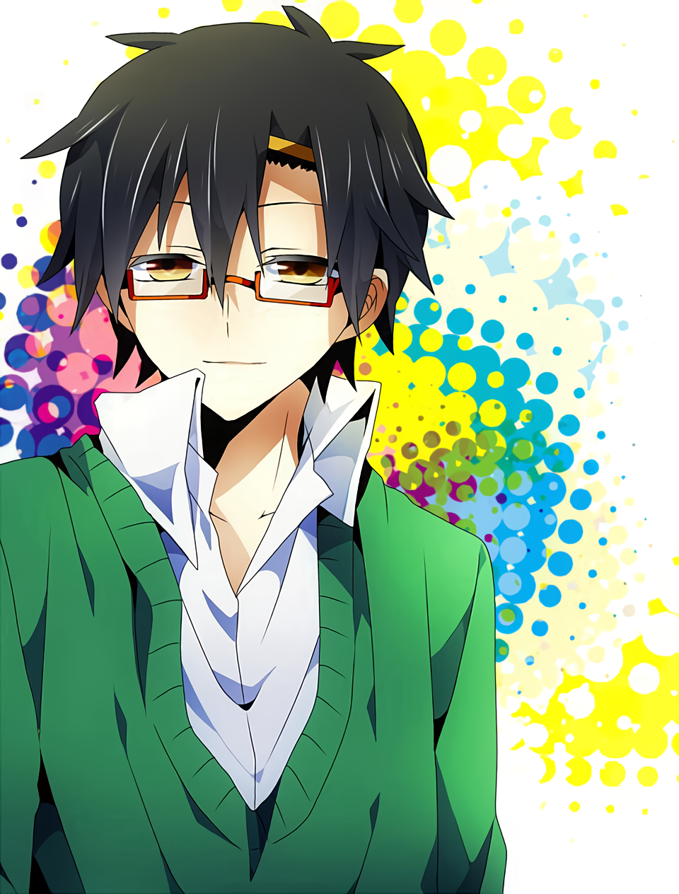 1boy, :|, alternate_costume, bad_id, bad_pixiv_id, bespectacled, black_hair, blue_background