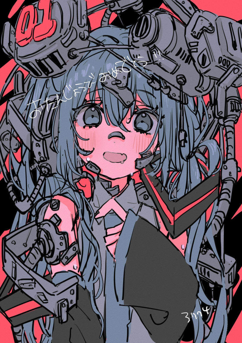 1girl, artist_name, blush, bokarokaku, collared_shirt, detached_sleeves, drooling, fang, hair_ornament, hand_up, happy_birthday, hatsune_miku, highres, index_finger_raised, limited_palette, long_hair, looking_at_viewer, machine, metal, mouth_drool, necktie, open_mouth, paper_texture, shirt, skin_fang, sleeveless, sleeveless_shirt, smile, solo, sweat, translated, tube, upper_body, very_long_hair, vocaloid