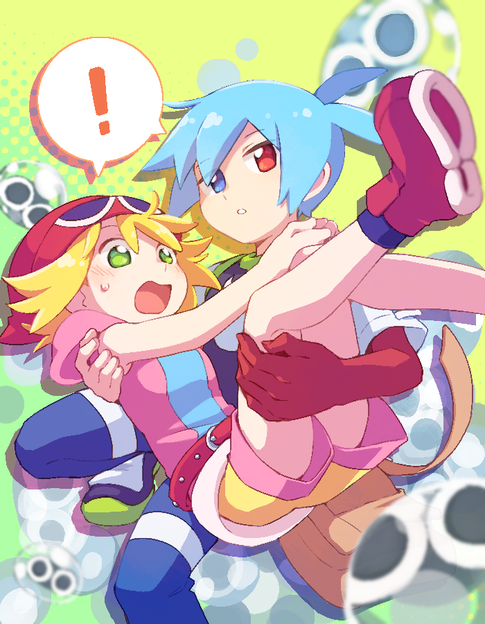 !, 1boy, 1girl, amitie_(puyopuyo), blonde_hair, blue_eyes, blue_hair, blush, carrying, green_eyes, hetero, ishikoro1645, multiple_others, puyo_(puyopuyo), puyopuyo, red_eyes, red_headwear, shorts, sig_(puyopuyo), sweatdrop