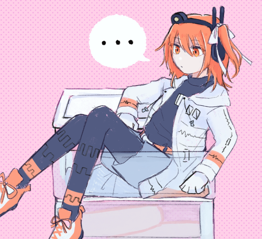 ..., 1girl, a.i._voice, adachi_rei, arm_rest, belt, black_leggings, black_shirt, commentary_request, expressionless, gloves, grey_shorts, hair_ribbon, harunomoto, headlamp, headset, in_container, jacket, knees_up, leggings, long_sleeves, looking_down, one_side_up, open_clothes, open_jacket, orange_belt, orange_eyes, orange_hair, pink_background, polka_dot, polka_dot_background, radio_antenna, ribbon, shirt, shoes, shorts, sitting, sneakers, solo, turtleneck, utau, white_gloves, white_jacket, white_ribbon