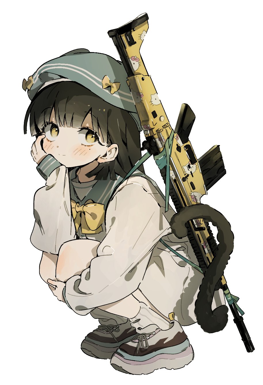 1girl, adaptive_combat_rifle, assault_rifle, black_hair, black_tail, blue_headwear, blue_sailor_collar, blush