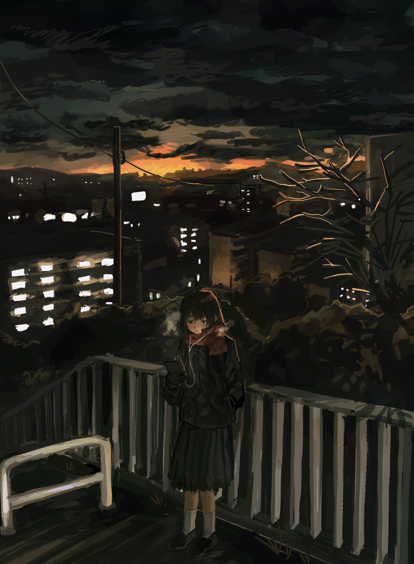 1girl, absurdres, against_railing, bare_tree, black_gloves, black_hair, black_jacket, black_skirt