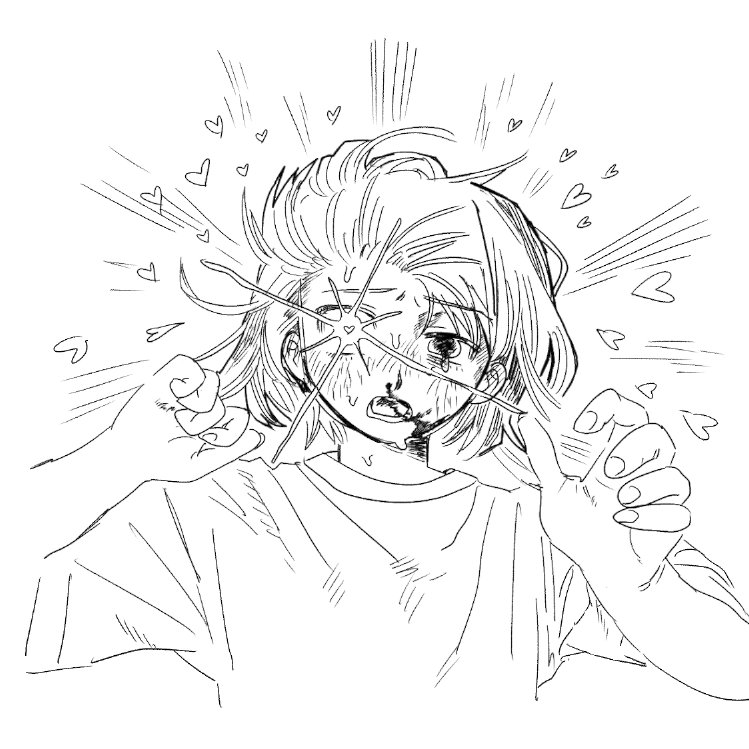 1other, ambiguous_gender, asymmetrical_eyes, blood, blood_in_mouth, blood_on_face, blush, cropped_torso, crying, crying_with_eyes_open, ear_blush, emphasis_lines, floating_hair, furrowed_brow, greyscale, hands_up, heart, heart-shaped_pupils, heterochromia, lineart, looking_at_viewer, mismatched_pupils, monochrome, nose_blush, nosebleed, open_mouth, original, shirt, short_hair, short_sleeves, sweat, symbol-shaped_pupils, t-shirt, tears, uneven_eyes, whale_daisuki