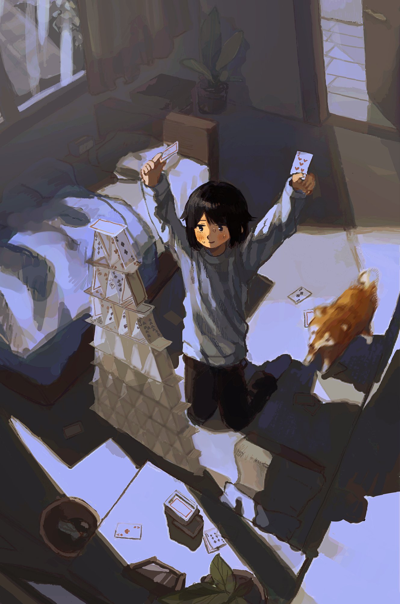 1girl, arms_up, bed, bedroom, black_eyes, black_hair, black_pants, blush