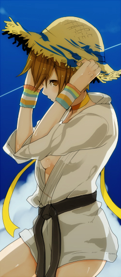 breasts, brown_eyes, brown_hair, cosplay, hat, koyori_(pixiv), makoto, makoto_(cosplay), no_bra, persona, persona_4, satonaka_chie, scarf, short_hair, sideboob, solo, street_fighter, street_fighter_iii, street_fighter_iv, tomboy