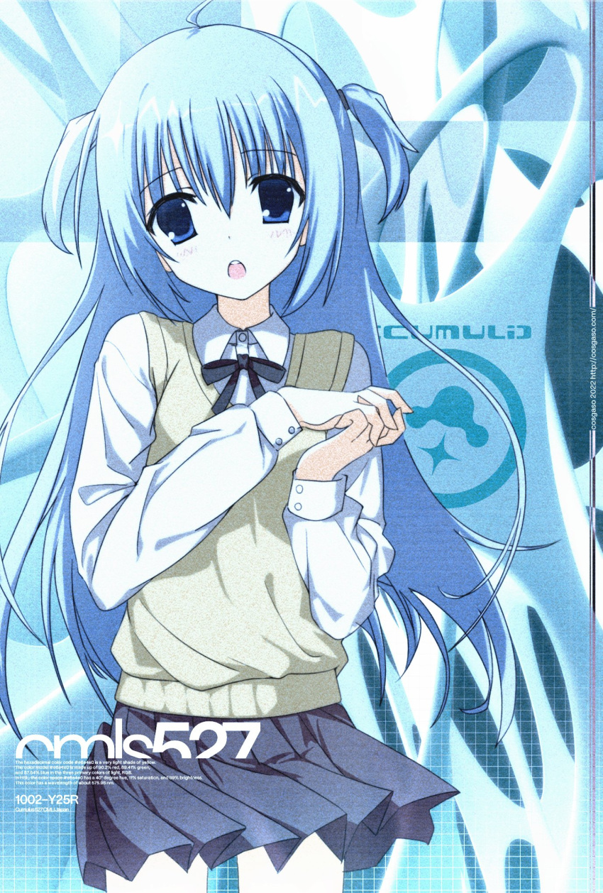 1girl, 2000s_(style), black_skirt, blue_background, blue_eyes, blue_hair, chestnut_mouth, collared_shirt