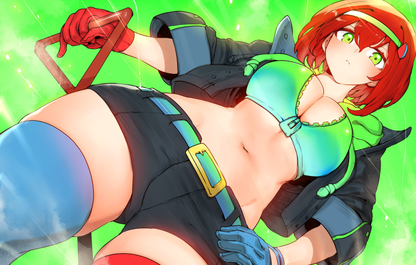 1girl, absurdres, ba, bandeau, belt, black_shorts, blue_gloves, breasts, closed_mouth, from_below, gloves, green_eyes, highres, jacket, large_breasts, looking_at_viewer, medium_hair, midriff, navel, niwarhythm, original, red_gloves, redhead, shorts, simple_background, solo, thigh-highs