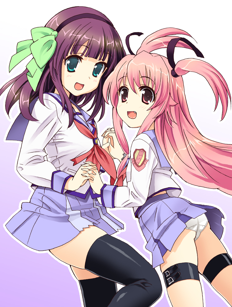 angel_beats!, black_legwear, fang, green_eyes, holding_hands, homing_(areya), homing_(artist), long_hair, multiple_girls, panties, pantyshot, pink_eyes, pink_hair, purple_hair, school_uniform, serafuku, short_hair, thigh-highs, thigh_strap, thighhighs, twintails, underwear, upskirt, yui_(angel_beats!), yuri_(angel_beats!)