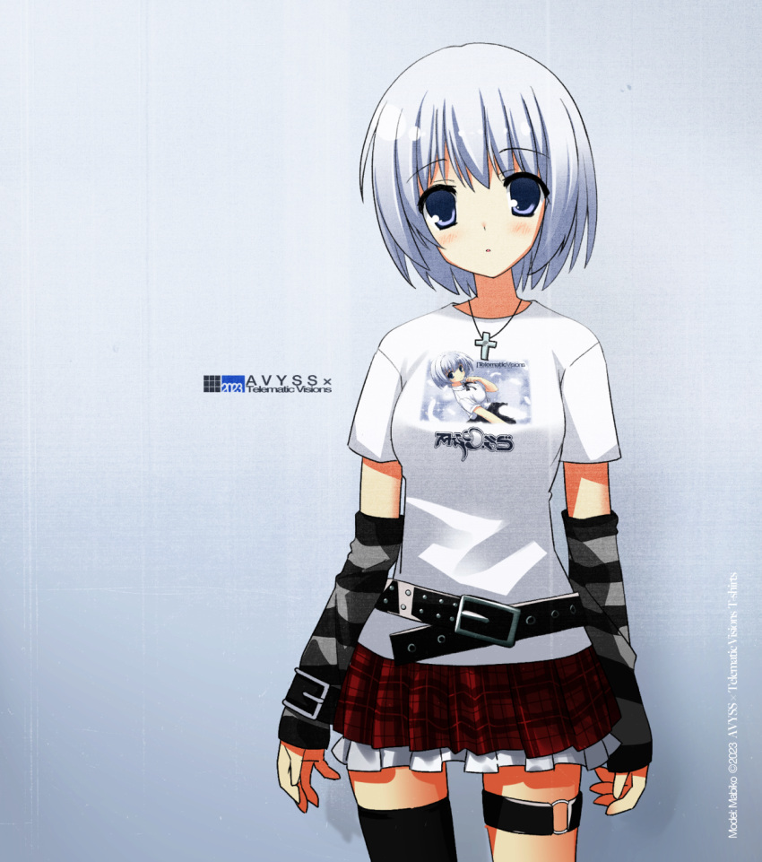 1girl, 2000s_(style), 2023, arm_warmers, blue_eyes, cosgaso, cowboy_shot, cross, cross_necklace, english_text, frilled_skirt, frills, highres, jewelry, light_blush, looking_at_viewer, necklace, original, parted_lips, plaid, plaid_skirt, pleated_skirt, print_shirt, red_skirt, shirt, short_hair, simple_background, single_thighhigh, skirt, solo, t-shirt, thigh-highs, thigh_strap, white_hair, white_shirt