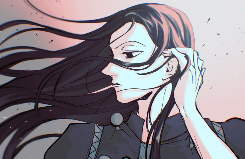 1boy, black_eyes, black_hair, enyalee, floating_hair, frown, hair_tucking, highres