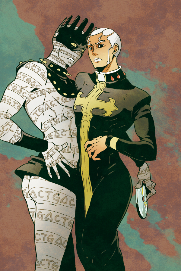 2boys, cassock, cd, crown, dark-skinned_male, dark_skin, holding_cd, jojo_no_kimyou_na_bouken